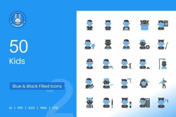 50 Kids Blue Black Icons for Crafting & Handmade Business Graphics
