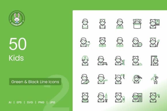 50 Kids Green Black Icons
